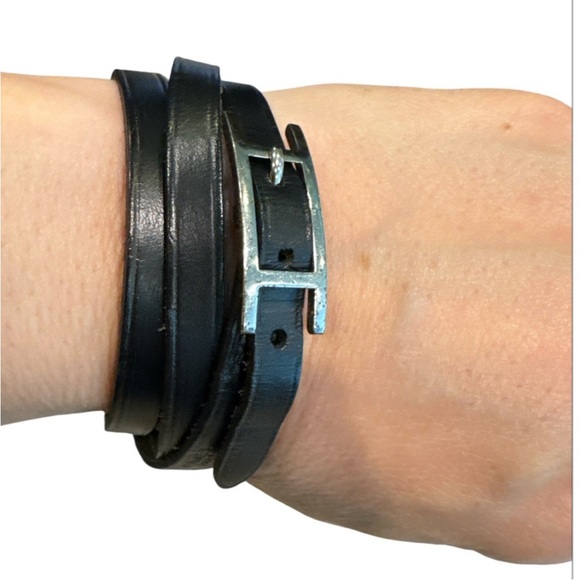 Hermes Behapi Black Leather Wrap Bracelet With Palladium Hardware - Picture 1 of 8